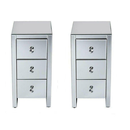Pair of 3 Drawers Mirrored Glass Bedside Table Side Cabinet Crystal Handles