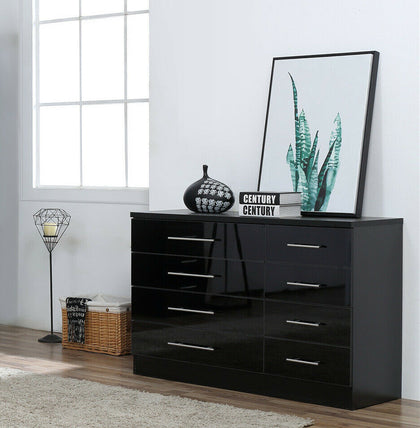 Black High Gloss 8 Drawer Sideboard / Cupboard / Buffet Solo / Chest of Drawers