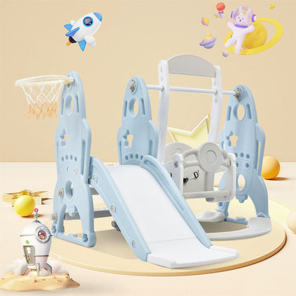4 in1 Kids Slide and Swing Set for Baby Toddler w/ Swing Slide Climber Hoop Blue