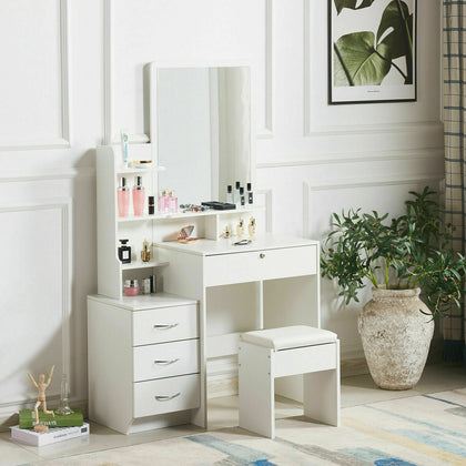 Modern White Dressing Table Jewelry Makeup Desk w/ Mirror, Stool Set & 4 Drawers