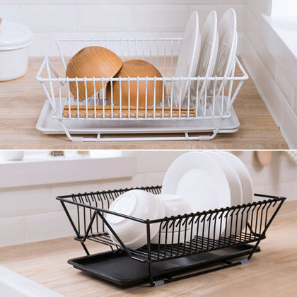 Rectangular Dish Drainer Round Draining Rack Chrome Drain Board +Removable Tray