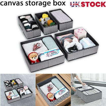 6 Section Canvas Storage Box Wardrobe Organiser Drawer Socks Ties Box Divide