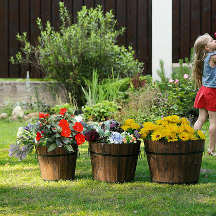 2PC Rustic Wood Whiskey Barrel Wooden Planter Round Plant Pot Outdoor Garden