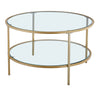 Round Glass Coffee Table with Golden Metal Legs & Shelf - Living Room Furniture