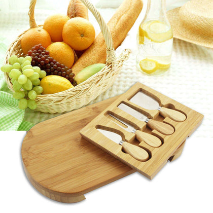 UK Oval Wooden Cheese Board 4 Piece Knife Set with Slide Out Drawer New