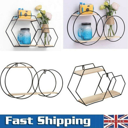 Floating Wooden Mteal Shelf Double Hexagon Storage Rack For Home Wall Decoration