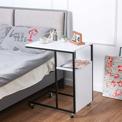 Bed/Sofa Side Table C-Shaped Industrial Coffee Snack End Table w/Storage Castors