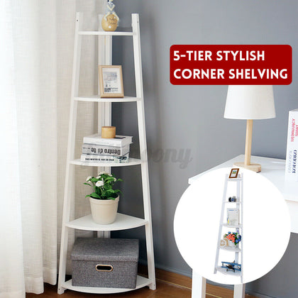 5 Tier Ladder Corner Bookcase Shelving Storage Rack Display Organiser White