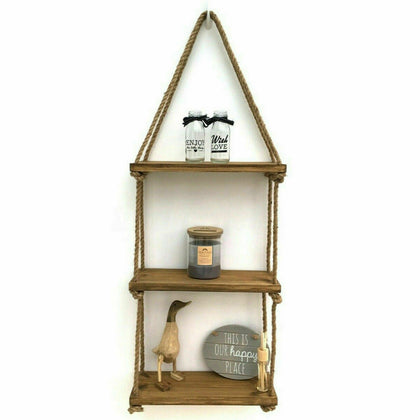 3 Tier Hanging Wall Shelf Storage Floating Wooden Shelves Wood Rope Display Home