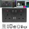 Double Wall Plug Socket 2 Gang 13A w/ 2 USB Charger Port Outlets Black Plate UK