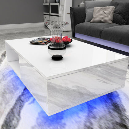 White High Gloss Coffee Table With Storage Drawers RGB LED Modern Living Room UK