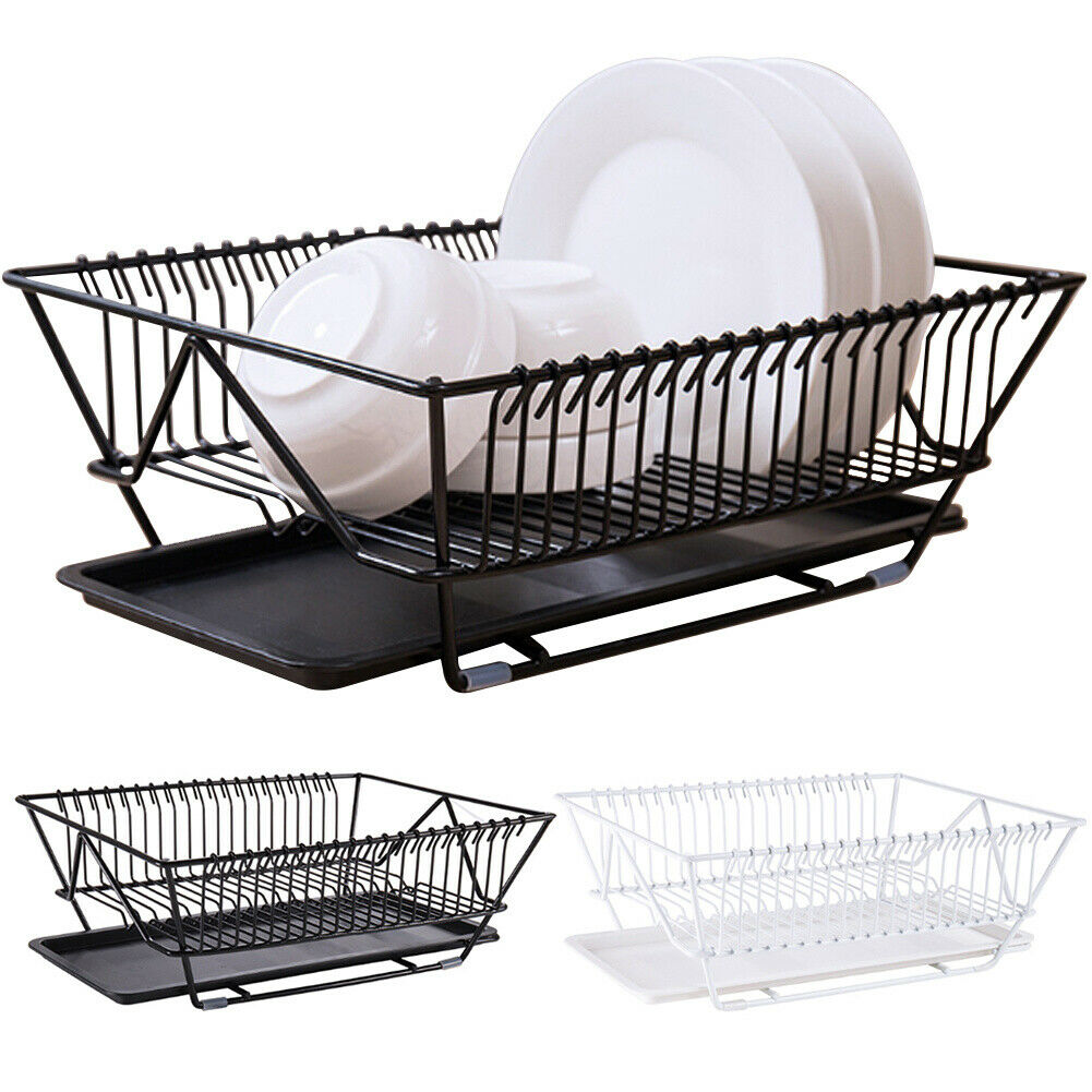 Rectangular Dish Drainer Round Draining Rack Chrome Drain Board +Removable  Tray