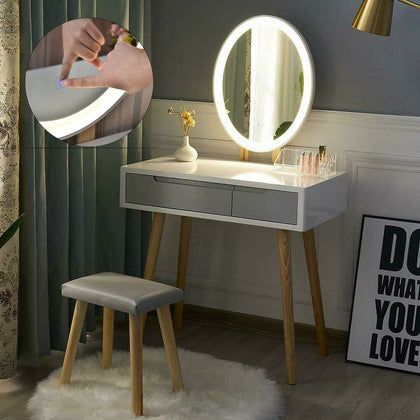 LED White Dressing Table Jewelry Makeup Desk Oval Mirror & Drawer Bedroom Modern