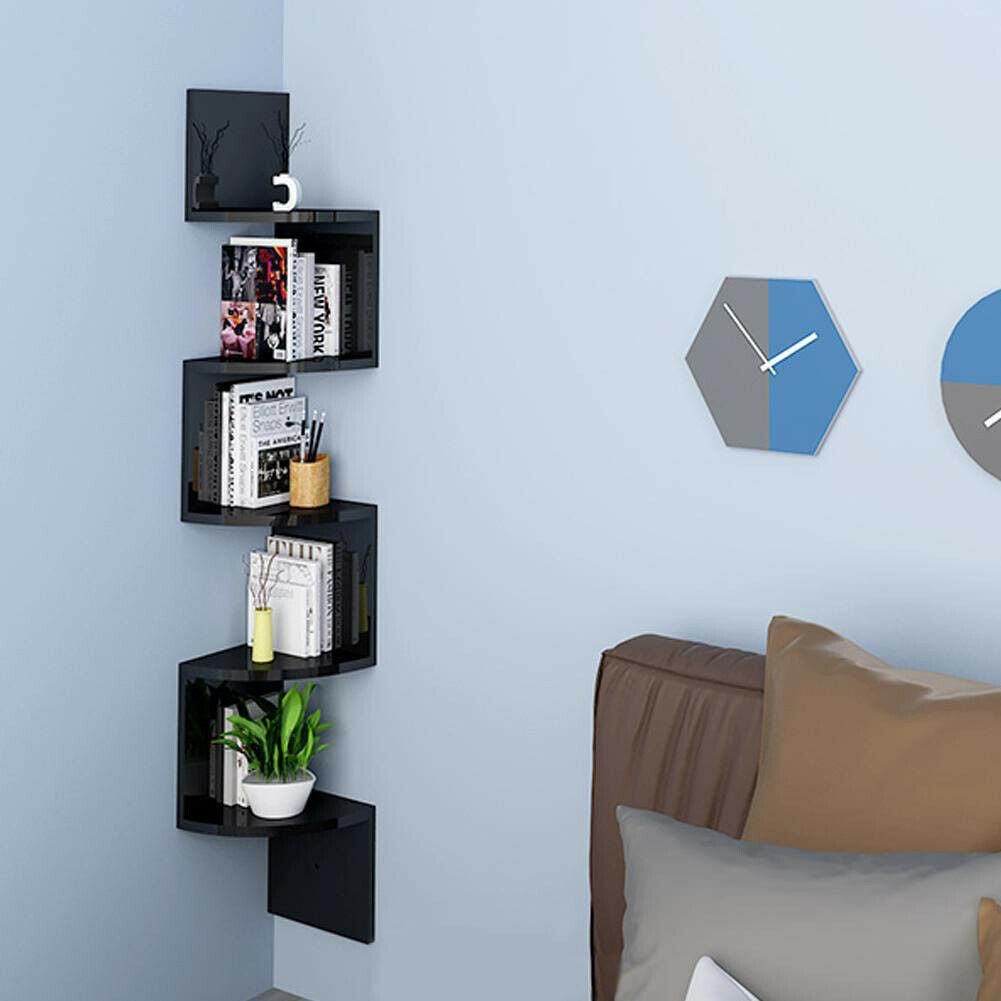 5 Tier Floating Wall Shelves Corner Shelf Storage Display Holder Bookcase Set