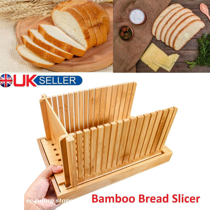 Bamboo Bread Slicer Loaf Cutting Guide Board Adjustable & Foldable w/ Crumb Tray