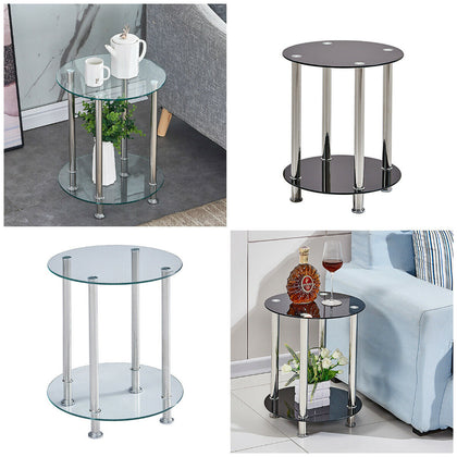 2 Tier Glass Side Table Sofa End Coffee Storage Shelf Living Room Black&Clear BN