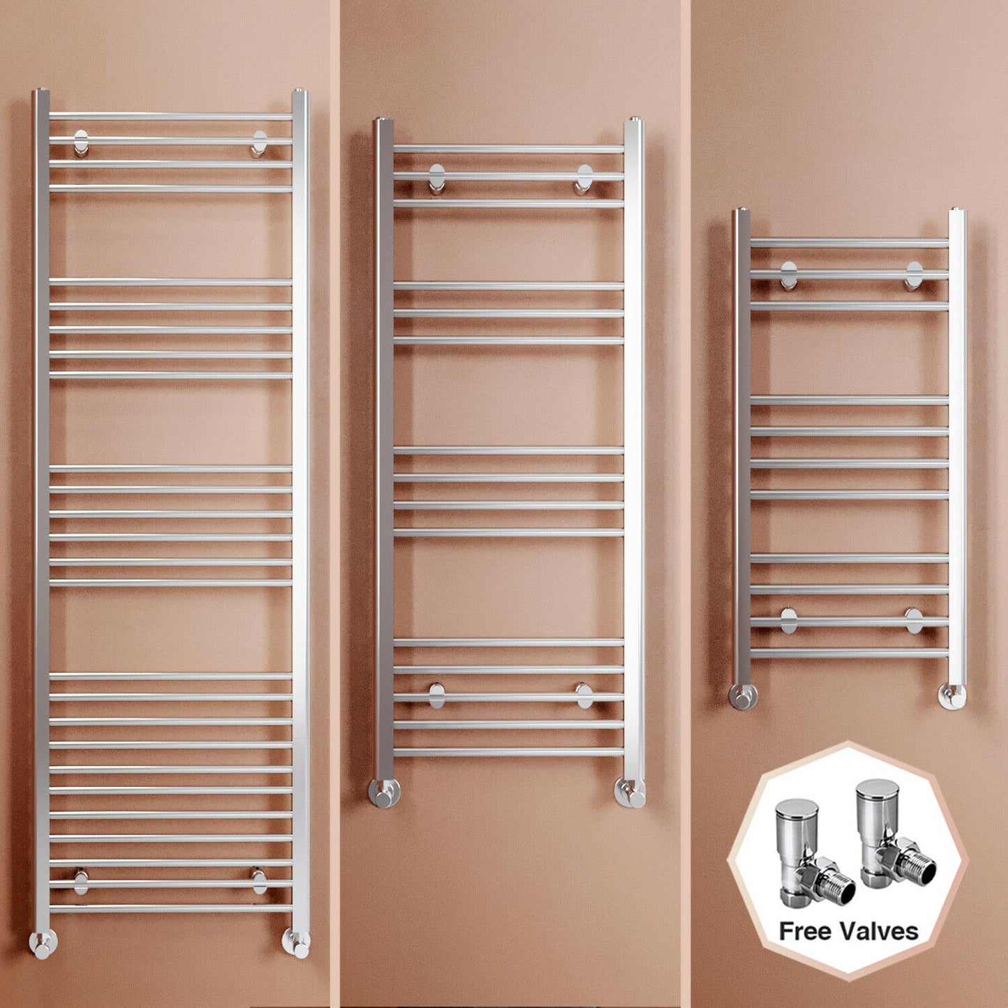 Chrome Towel Rail Radiator Rads Bathroom Heated Straight Ladder Warmer w/ Valves
