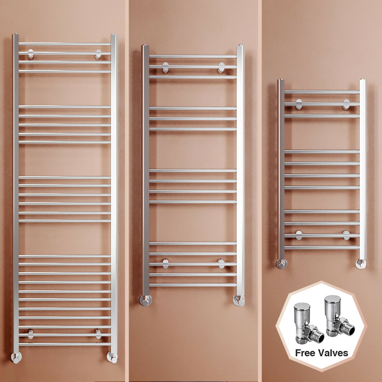Chrome Towel Rail Radiator Rads Bathroom Heated Straight Ladder Warmer w/ Valves