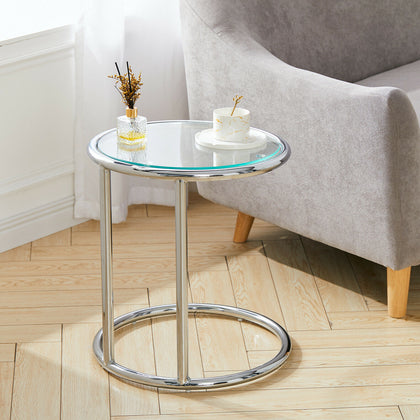 Round Sofa Side Table Black With Clear Glass Top Coffee End Table for LivingRoom