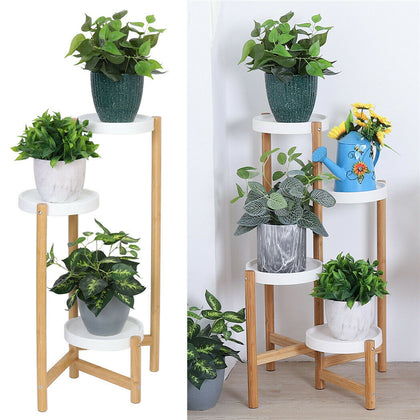 Indoor Corner Bamboo Plant Stand Round Planter Potted Holder End Table Display