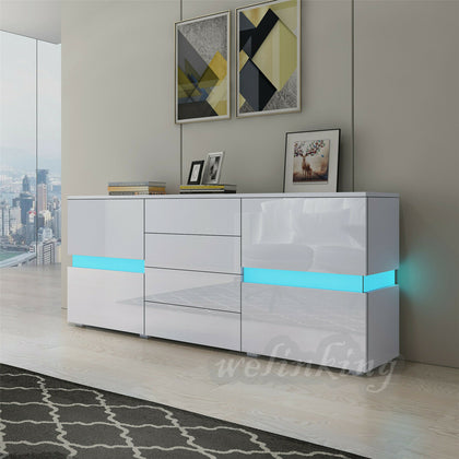177cm Sideboard Buffet Cabinet Cupboard High Gloss Front 4 Drawers RGB LED Light