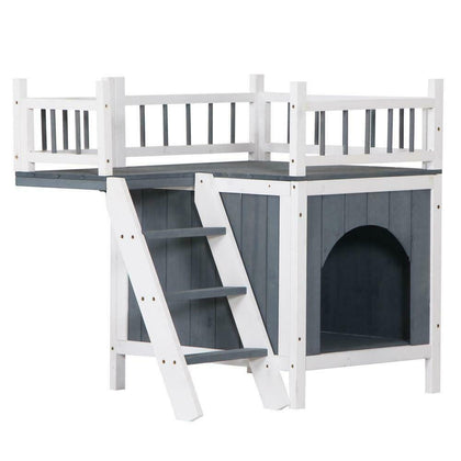 Wood Pet Home with Balcony Cat Dog House Indoor Outdoor Shelter Grey Rabbit Bed