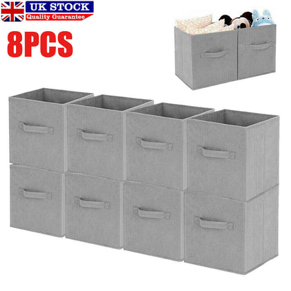 8PCS Grey Foldable Storage Collapsible Box Home Clothes Organizer Fabric Cube UK
