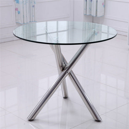 Clear Glass Round Dining Table With Chrome Cross Legs Modern Kitchen Furniture