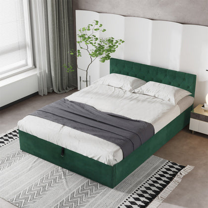 Velvet Upholstered Bed Frame 4ft6 Double Size Storage Bed With Headboard Green