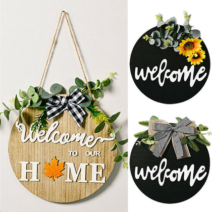 Wooden Welcome Front Door Sign Plaque Garland Wreath Christmas Hanging Decor