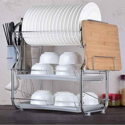 3 Tiers Stainless Steel Kitchen Dish Rack Cup Drying Drainer Tray Cutlery Holder