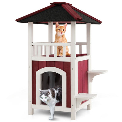 2-Tier Wooden Cat House Outdoor Cat Shelter Weatherproof Pet Hutch Asphalt Roof