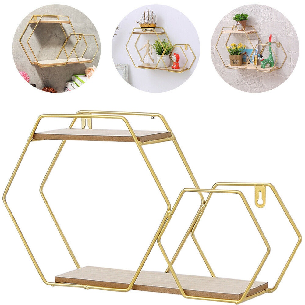 Hexagon Wall Mounted Shelf Display Rack Gold Metal Storage Shelving Home Decor