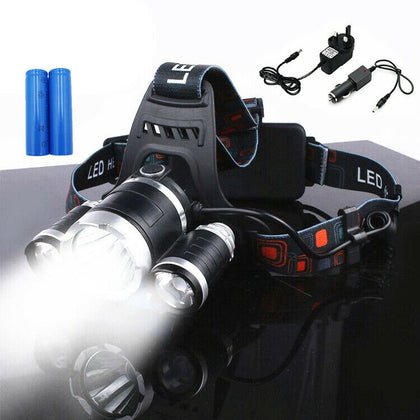 Rechargeable Head Torch Headlamp Light Lamp 12000 Lumens 3 x XML T6 LED Zoom UK