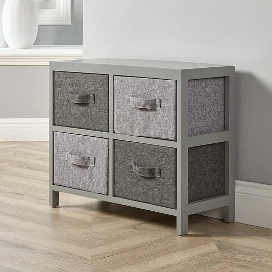 Grey Wooden Storage Unit 4 Drawer Fabric Basket Chest Organiser Bedroom Storage
