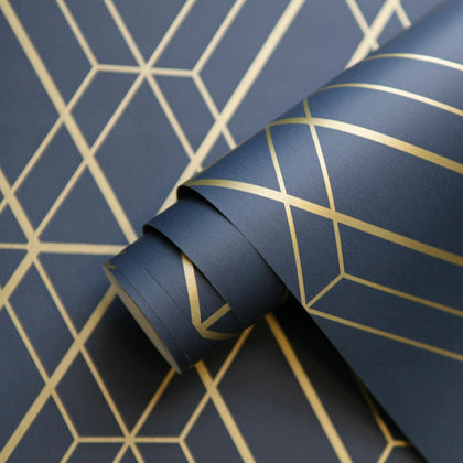 METRO DIAMOND GEOMETRIC WALLPAPER NAVY BLUE / GOLD - WOW003 WORLD OF METALLIC