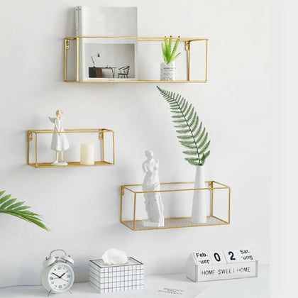 Rectangle Nordic Golden Wall Shelf Display Rack Metal Home Storage Shelving Unit