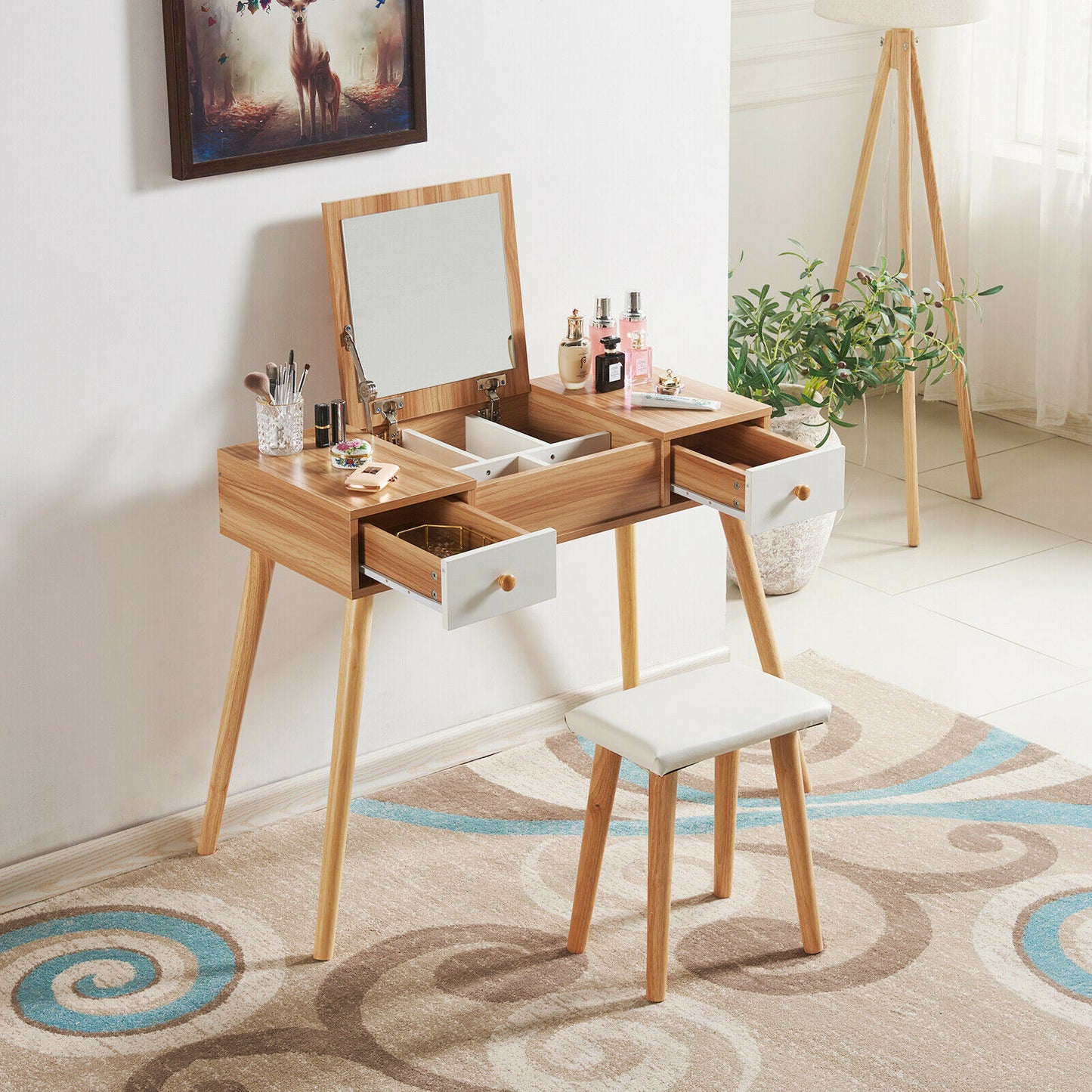 Modern Dressing Table Makeup Desk w/Flip-up Mirror 2 Drawers Storage & Stool