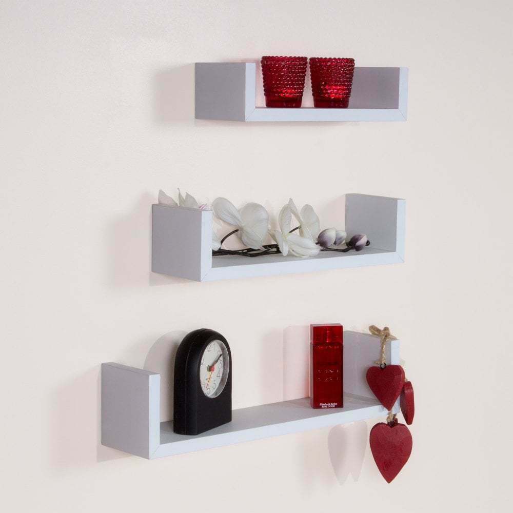Set of 3 U Shape Floating Wall Shelves Storage Display Shelf Wooden Home Décor