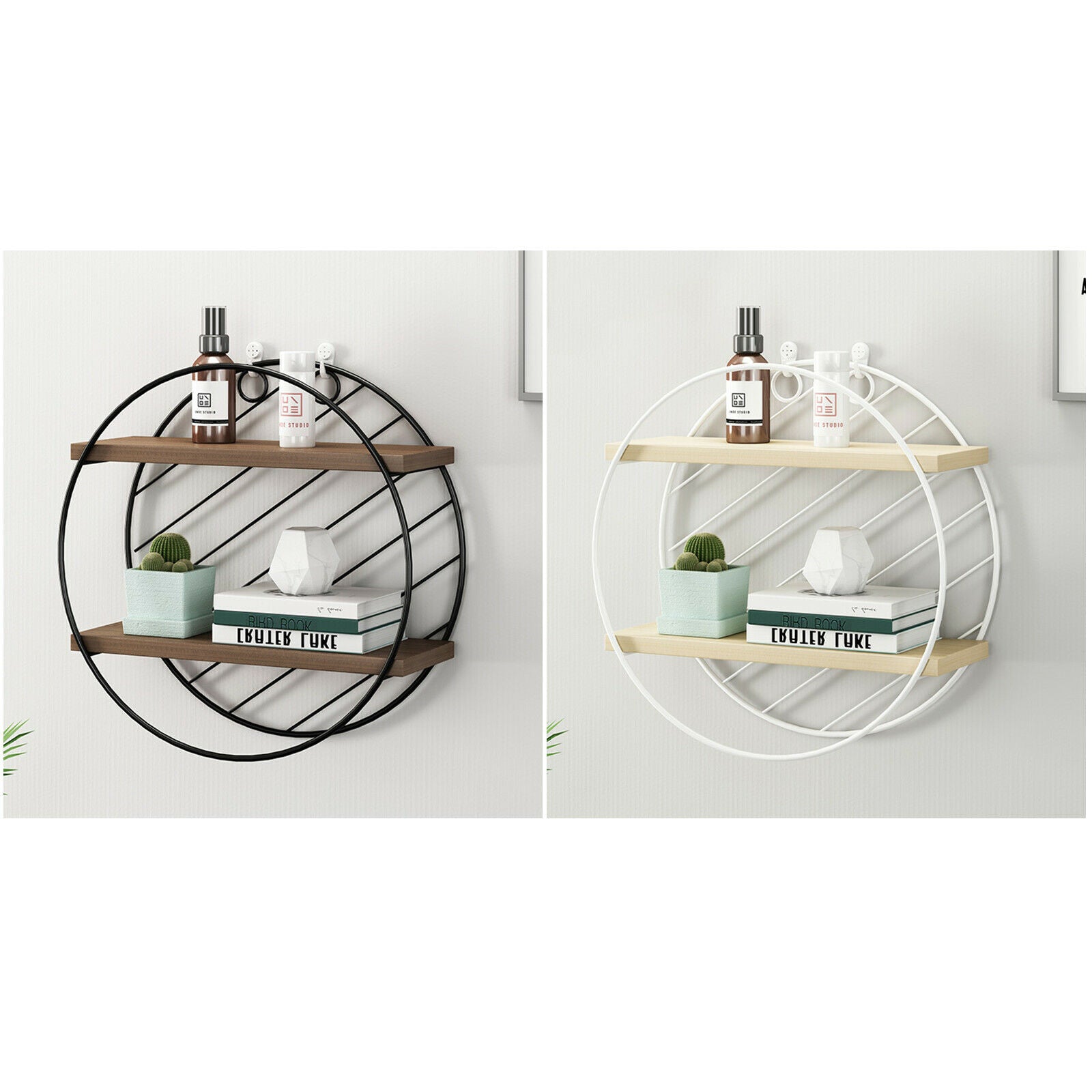 Retro Metal Wire Wood Round Wall Floating Shelving Storage Shelf Display Unit UK