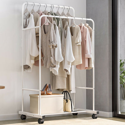 MOBILE DOUBLE CLOTHES RAIL COAT GARMENT HANGING RAIL RACK STORAGE STAND UK SHIP