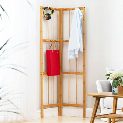 Foldable Hall Tree Hat Coat Corner Stand Wooden Clothes Hanger with 12 Hooks