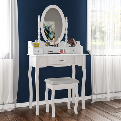 Nishano Dressing Table 3 Drawer White Makeup Vanity Mirror Bedroom Desk Stool