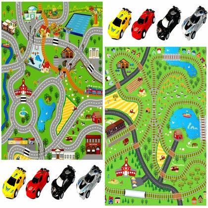 Rexco Giant Kids Playmat Rail Road Carpet Rug Play Mat With Toy Pull Back Cars