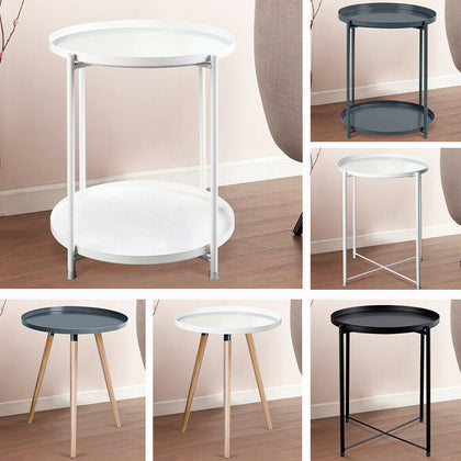 Round 1/2 Tier Metal Sofa Side End Drinks Coffee Table Tray Top Bedside Desk UK