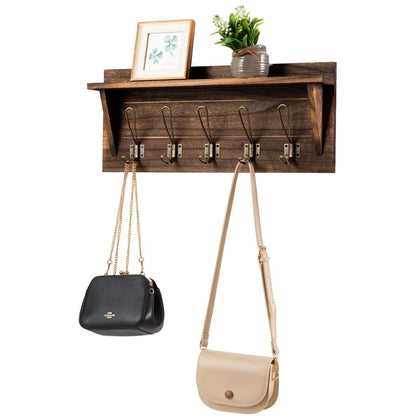 Wall-Mounted Coat Rack Shelf Wooden Hook Rack Entry Display Shelf with 5 Hooks