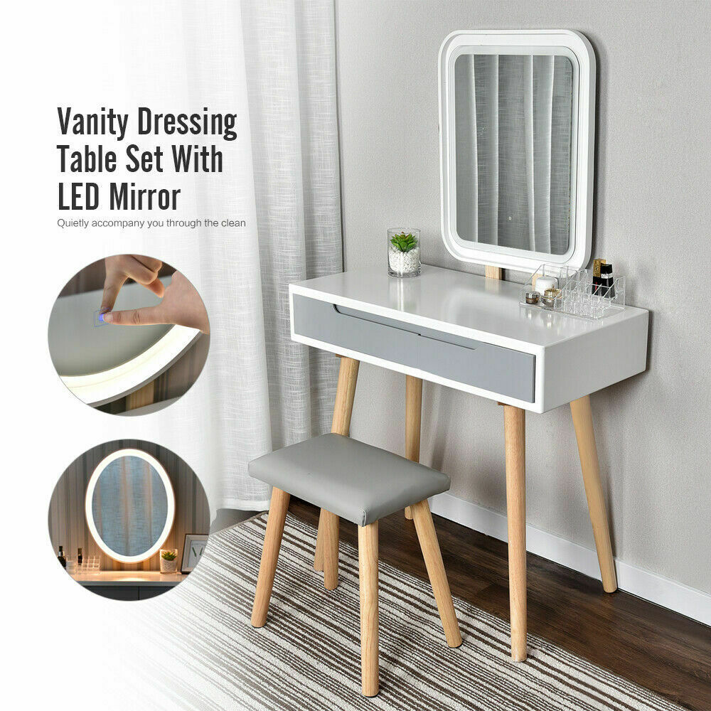Dressing Table Vanity Desk LED Lighted Mirror Set Makeup Dresser Table w/Stool