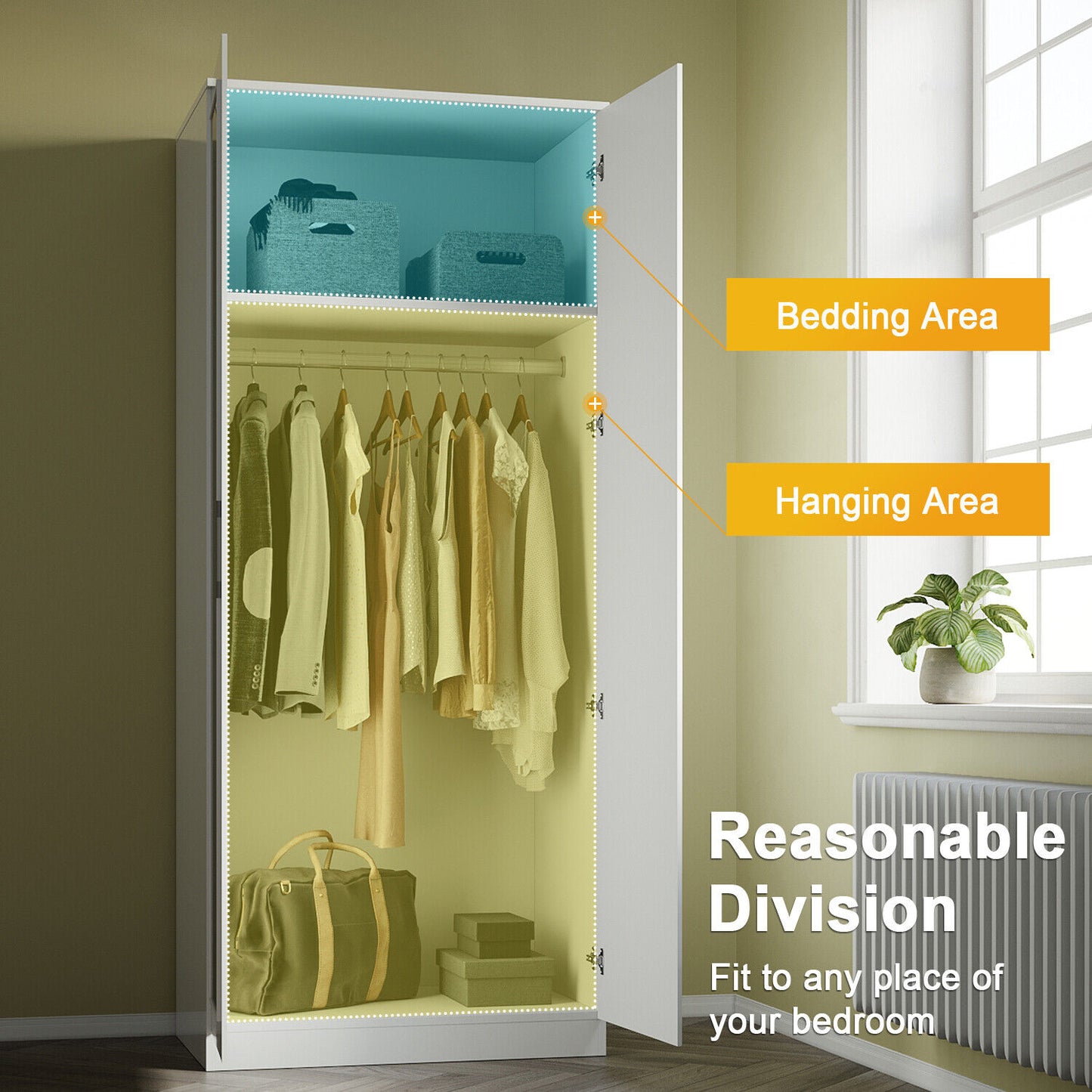 High Gloss 2 Door Wardrobe Bedroom Furniture Storage with Mirror Hanging Rail