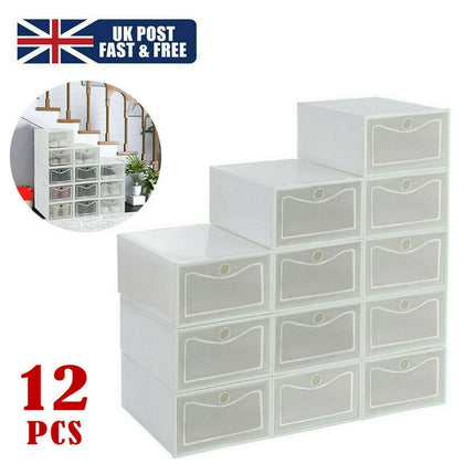 12X Clear Plastic Shoe Storage Boxes Drawer Stackable Foldable Durable Organiser