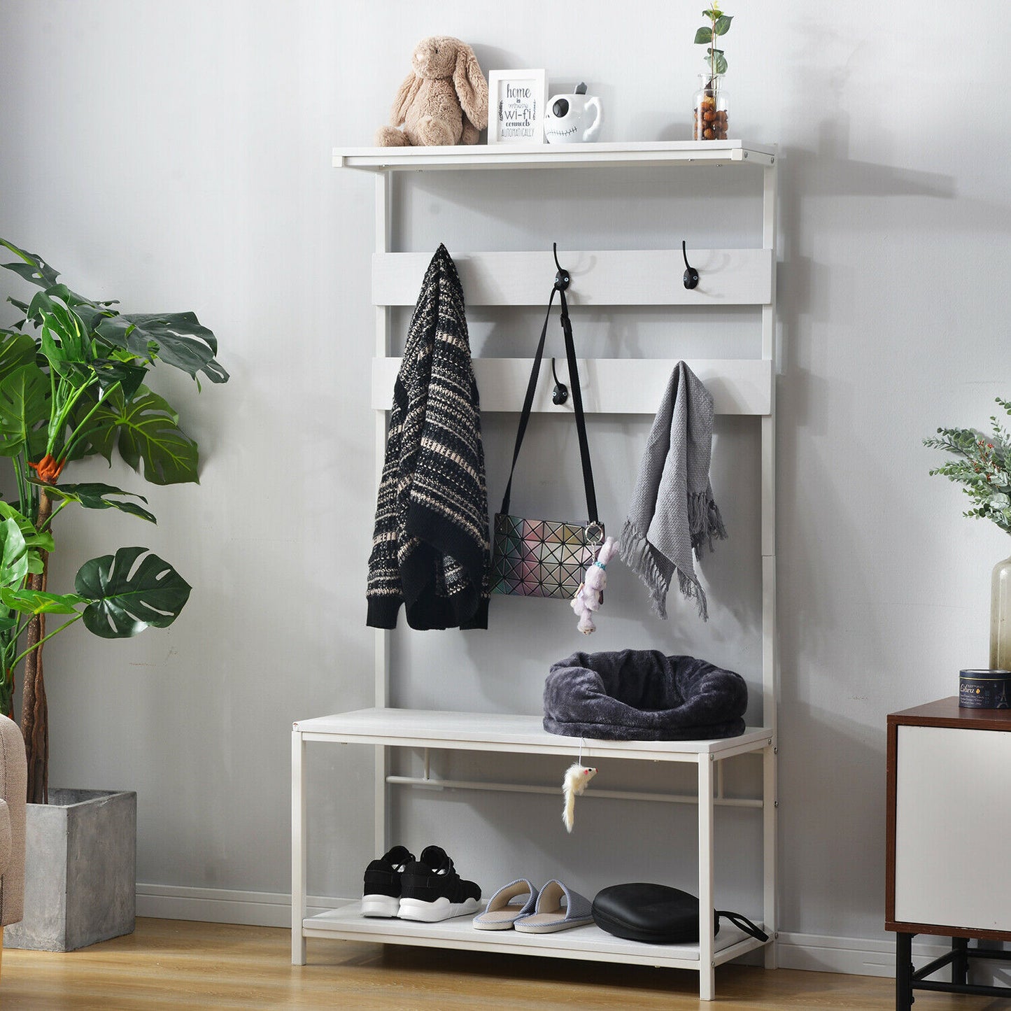 Coat rank Shoe Rack Hanging Bench Seat Hanger with Removable 6 Hooks Wood